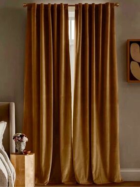 Quince Cotton Velvet True Blackout Curtain Panel in Camel 48x96